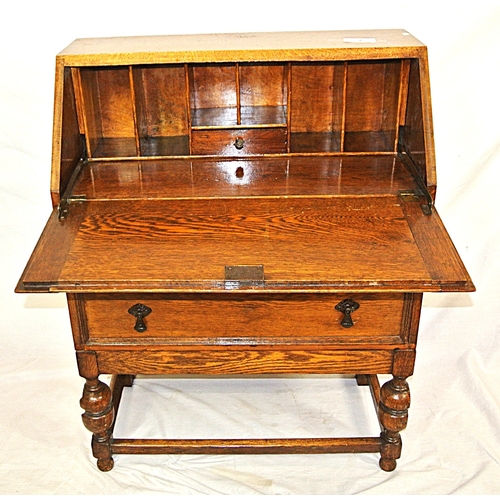 96 - Edwardian style oak bureau with drop-down front, fitted interior, 2 drawers under with drop handles,... 