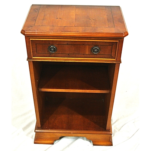 97 - Edwardian design inlaid yew open press with frieze drawer, drop handles, adjustable shelf, on bracke... 
