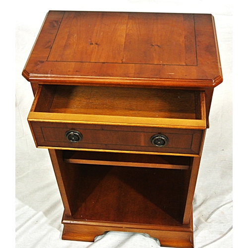97 - Edwardian design inlaid yew open press with frieze drawer, drop handles, adjustable shelf, on bracke... 