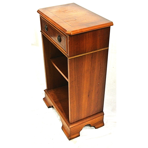 97 - Edwardian design inlaid yew open press with frieze drawer, drop handles, adjustable shelf, on bracke... 