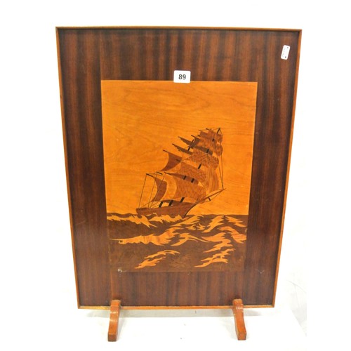 89 - Edwardian style hand crafted inlaid firescreen with ship decoration