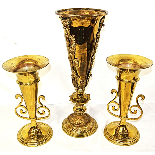 67 - 3 brass flower vases - a pair and one other