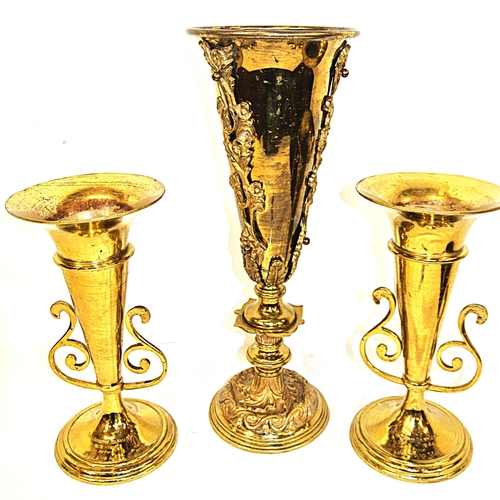 67 - 3 brass flower vases - a pair and one other
