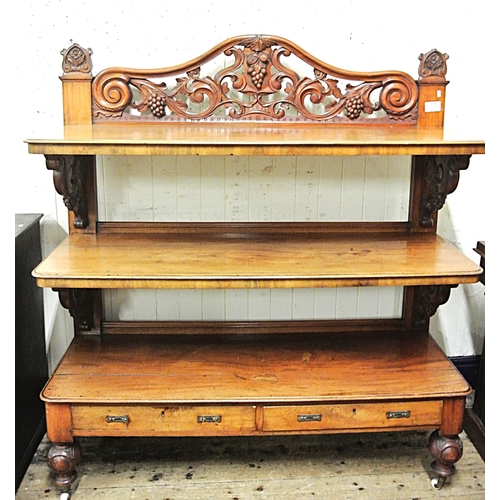 70 - Victorian mahogany 3 tier dumbwaiter with scroll and grape decorated pierced back and columns, 2 dra... 