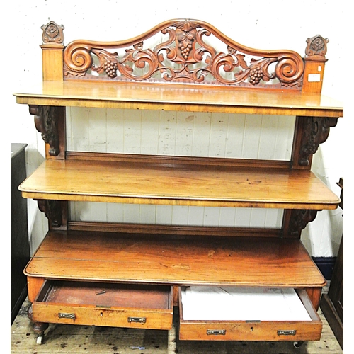 70 - Victorian mahogany 3 tier dumbwaiter with scroll and grape decorated pierced back and columns, 2 dra... 
