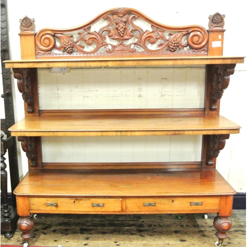 70 - Victorian mahogany 3 tier dumbwaiter with scroll and grape decorated pierced back and columns, 2 dra... 