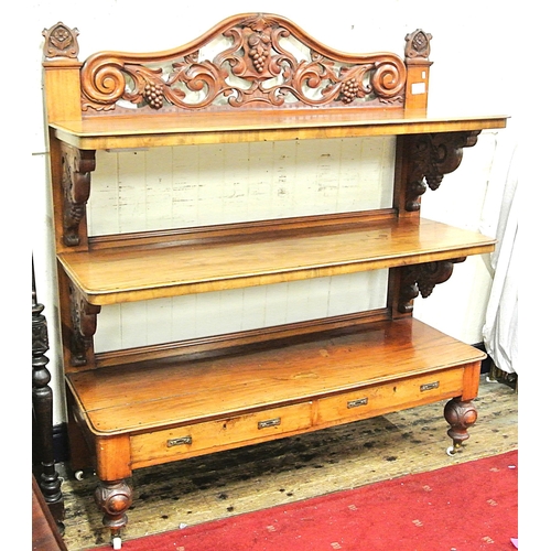 70 - Victorian mahogany 3 tier dumbwaiter with scroll and grape decorated pierced back and columns, 2 dra... 