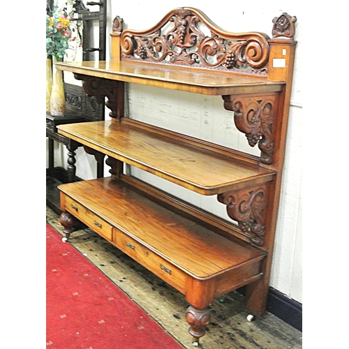 70 - Victorian mahogany 3 tier dumbwaiter with scroll and grape decorated pierced back and columns, 2 dra... 