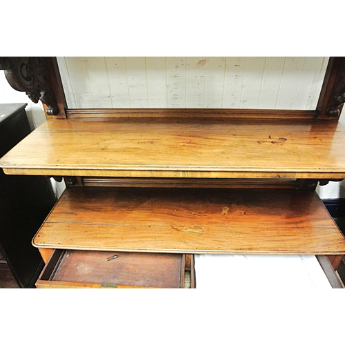 70 - Victorian mahogany 3 tier dumbwaiter with scroll and grape decorated pierced back and columns, 2 dra... 