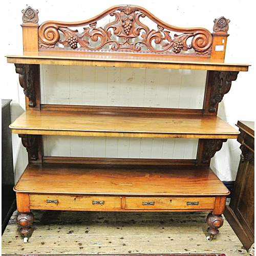 70 - Victorian mahogany 3 tier dumbwaiter with scroll and grape decorated pierced back and columns, 2 dra... 