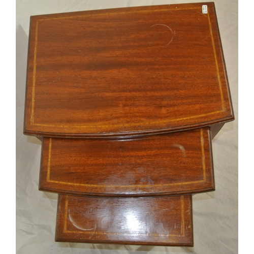 96 - Nest of 3 inlaid mahogany bow fronted graduating tables with inlaid square tapering legs