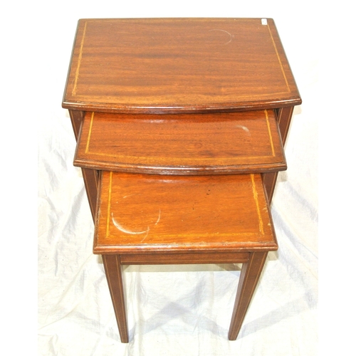 96 - Nest of 3 inlaid mahogany bow fronted graduating tables with inlaid square tapering legs