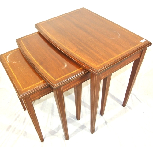 96 - Nest of 3 inlaid mahogany bow fronted graduating tables with inlaid square tapering legs