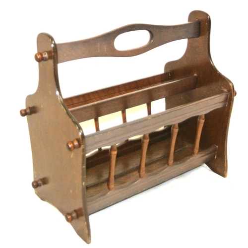 98 - Edwardian design teak canterbury with shaped handle and rails