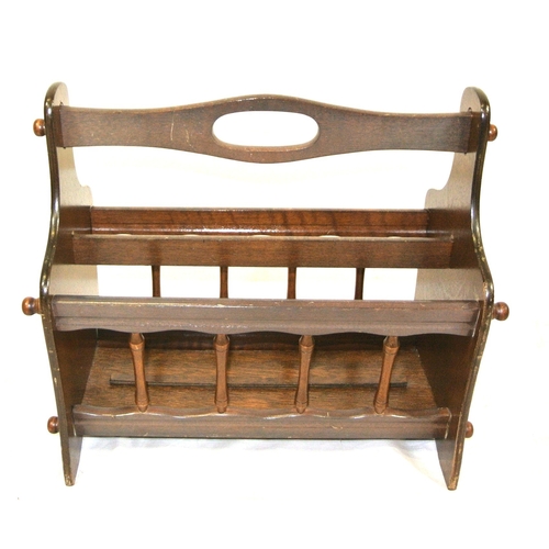98 - Edwardian design teak canterbury with shaped handle and rails