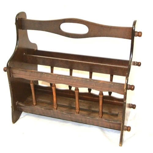 98 - Edwardian design teak canterbury with shaped handle and rails