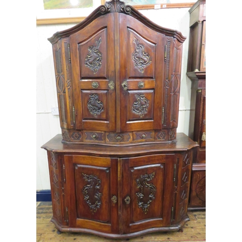 190 - Victorian walnut chest on chest with domed top, scroll decoration, serpentine panelled doors, shelve... 
