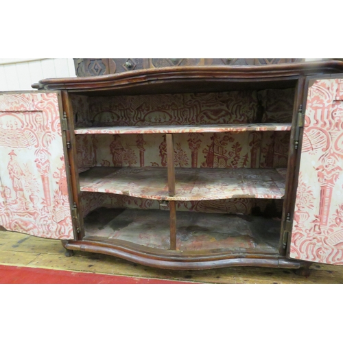 190 - Victorian walnut chest on chest with domed top, scroll decoration, serpentine panelled doors, shelve... 