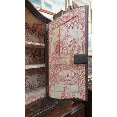 190 - Victorian walnut chest on chest with domed top, scroll decoration, serpentine panelled doors, shelve... 