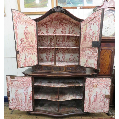 190 - Victorian walnut chest on chest with domed top, scroll decoration, serpentine panelled doors, shelve... 