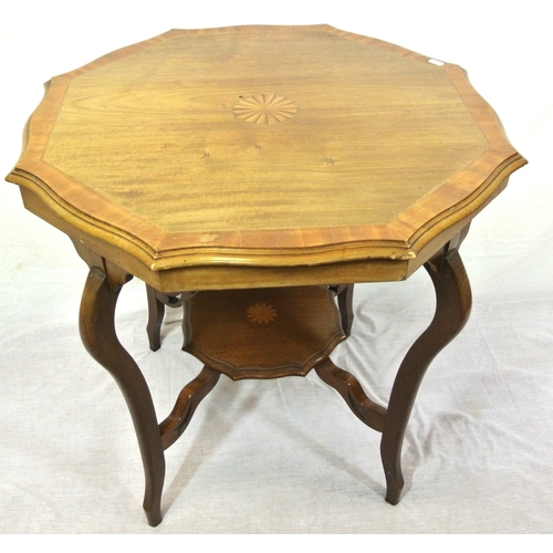 221 - Edwardian inlaid and crossbanded mahogany occasional table with wavy borders, shaped legs and stretc... 