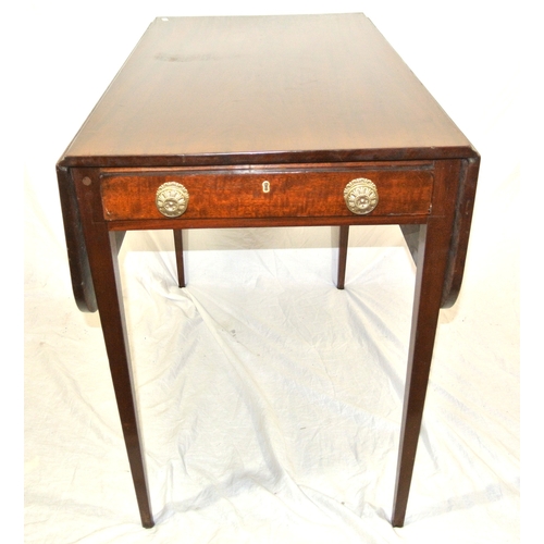 230 - Edwardian mahogany dropleaf table with rounded borders, pull-out supports, frieze drawer with brass ... 