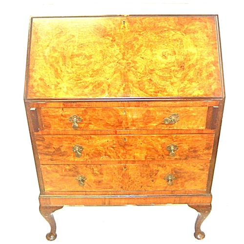 100 - Edwardian walnut bureau with drop-down front, pull-out supports, fitted interior, 3 graduated drawer... 