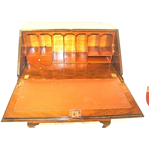 100 - Edwardian walnut bureau with drop-down front, pull-out supports, fitted interior, 3 graduated drawer... 