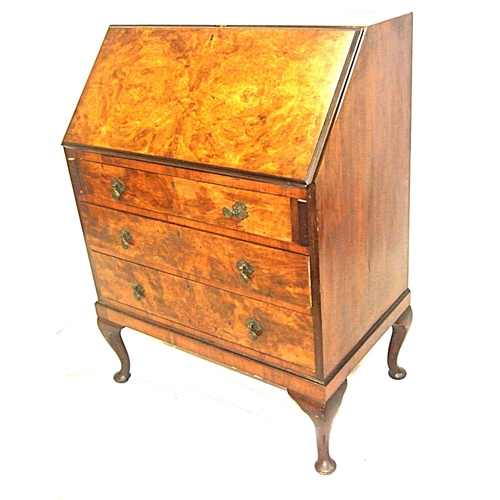 100 - Edwardian walnut bureau with drop-down front, pull-out supports, fitted interior, 3 graduated drawer... 