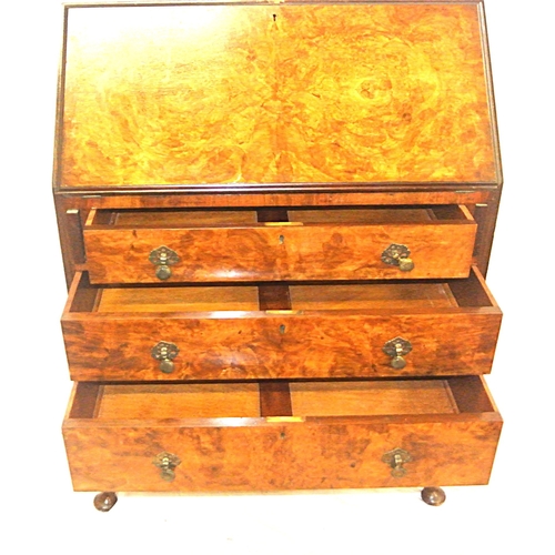 100 - Edwardian walnut bureau with drop-down front, pull-out supports, fitted interior, 3 graduated drawer... 