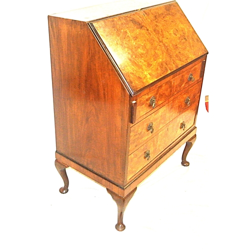 100 - Edwardian walnut bureau with drop-down front, pull-out supports, fitted interior, 3 graduated drawer... 
