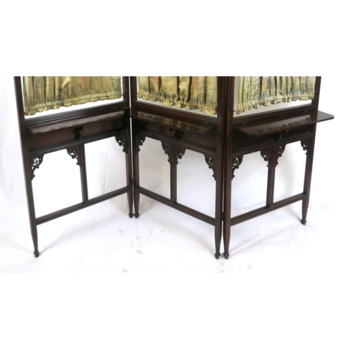 101 - Edwardian mahogany 3-fold screen with domed tops, fretwork decoration, shelves, on tapering legs