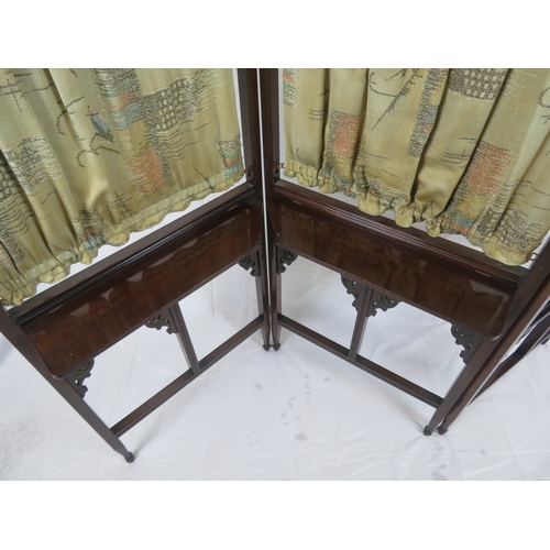 101 - Edwardian mahogany 3-fold screen with domed tops, fretwork decoration, shelves, on tapering legs