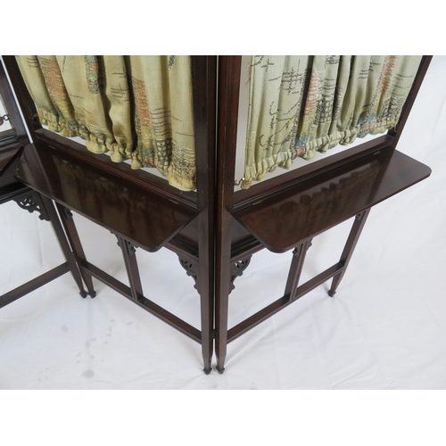 101 - Edwardian mahogany 3-fold screen with domed tops, fretwork decoration, shelves, on tapering legs