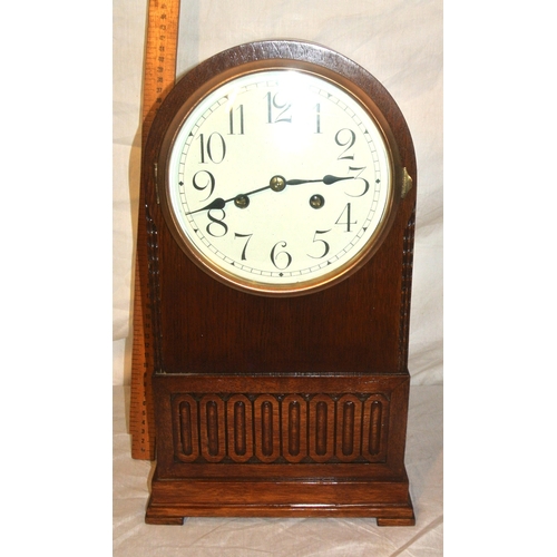 102 - Edwardian oak domed mantle clock with enamel dial and reeded decoration