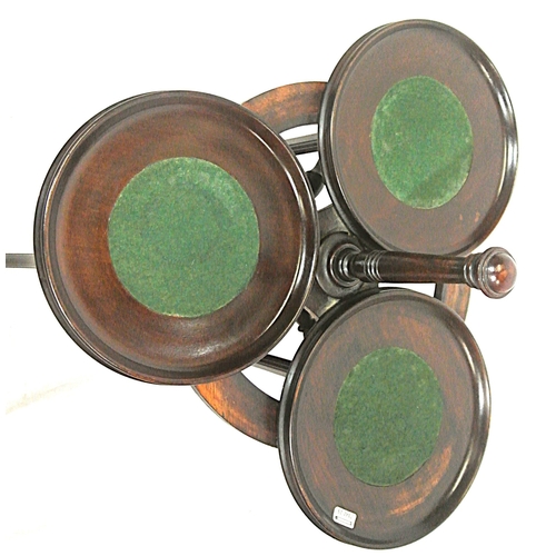 104 - Edwardian mahogany triple cake stand with swivel trays with raised rims, on reeded shaped legs