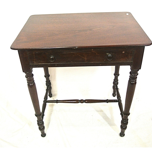 111 - Victorian mahogany hall or side table with frieze drawer, bun handles, turned columns with shaped st... 