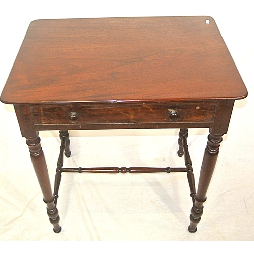 111 - Victorian mahogany hall or side table with frieze drawer, bun handles, turned columns with shaped st... 