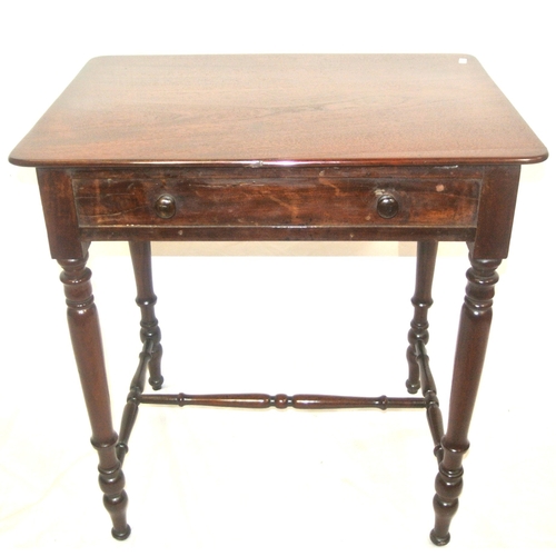 111 - Victorian mahogany hall or side table with frieze drawer, bun handles, turned columns with shaped st... 