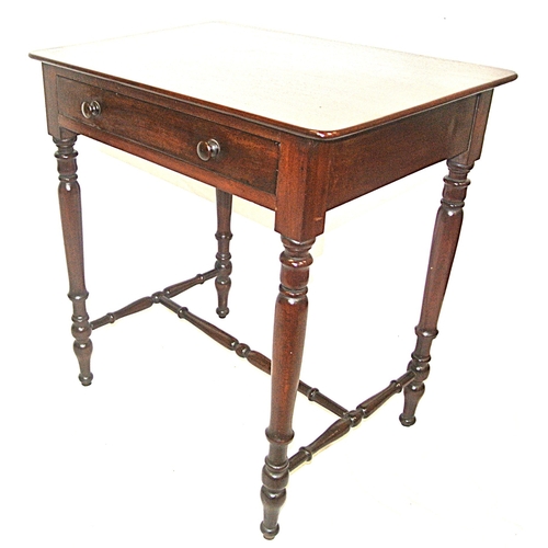 111 - Victorian mahogany hall or side table with frieze drawer, bun handles, turned columns with shaped st... 