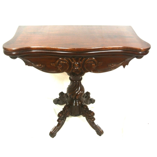 115 - Victorian design mahogany tea table with swivel fold over top, serpentine borders, foliate carved fr... 