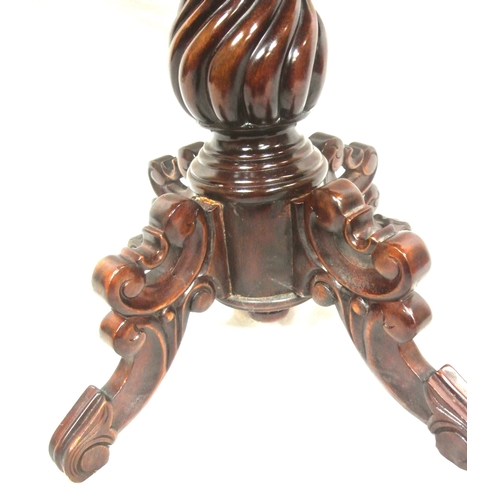 115 - Victorian design mahogany tea table with swivel fold over top, serpentine borders, foliate carved fr... 