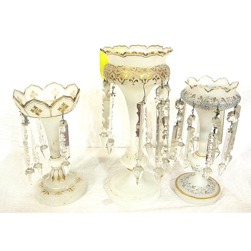 Three Victorian lustre vases with shaped rims, ornate gilt decoration ...