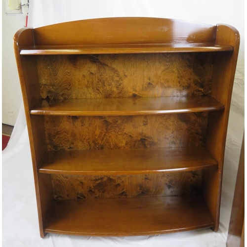 181 - Pair of Edwardian design bowfronted 4-tier open bookshelves with shaped sides, stamped 'Remploy'