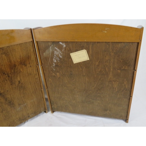 181 - Pair of Edwardian design bowfronted 4-tier open bookshelves with shaped sides, stamped 'Remploy'