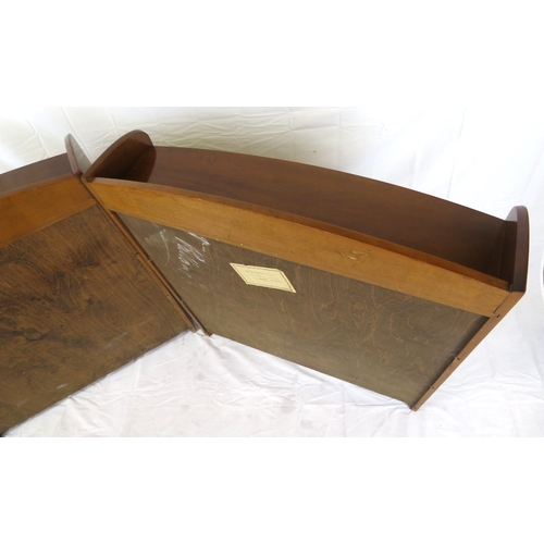 181 - Pair of Edwardian design bowfronted 4-tier open bookshelves with shaped sides, stamped 'Remploy'