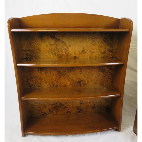 181 - Pair of Edwardian design bowfronted 4-tier open bookshelves with shaped sides, stamped 'Remploy'