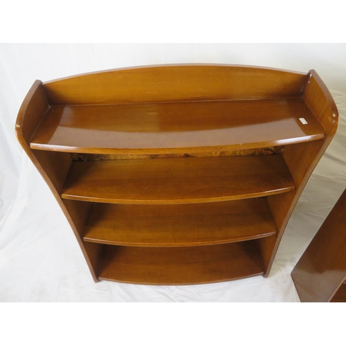 181 - Pair of Edwardian design bowfronted 4-tier open bookshelves with shaped sides, stamped 'Remploy'