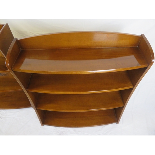 181 - Pair of Edwardian design bowfronted 4-tier open bookshelves with shaped sides, stamped 'Remploy'