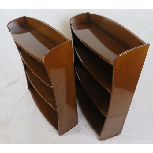 181 - Pair of Edwardian design bowfronted 4-tier open bookshelves with shaped sides, stamped 'Remploy'
